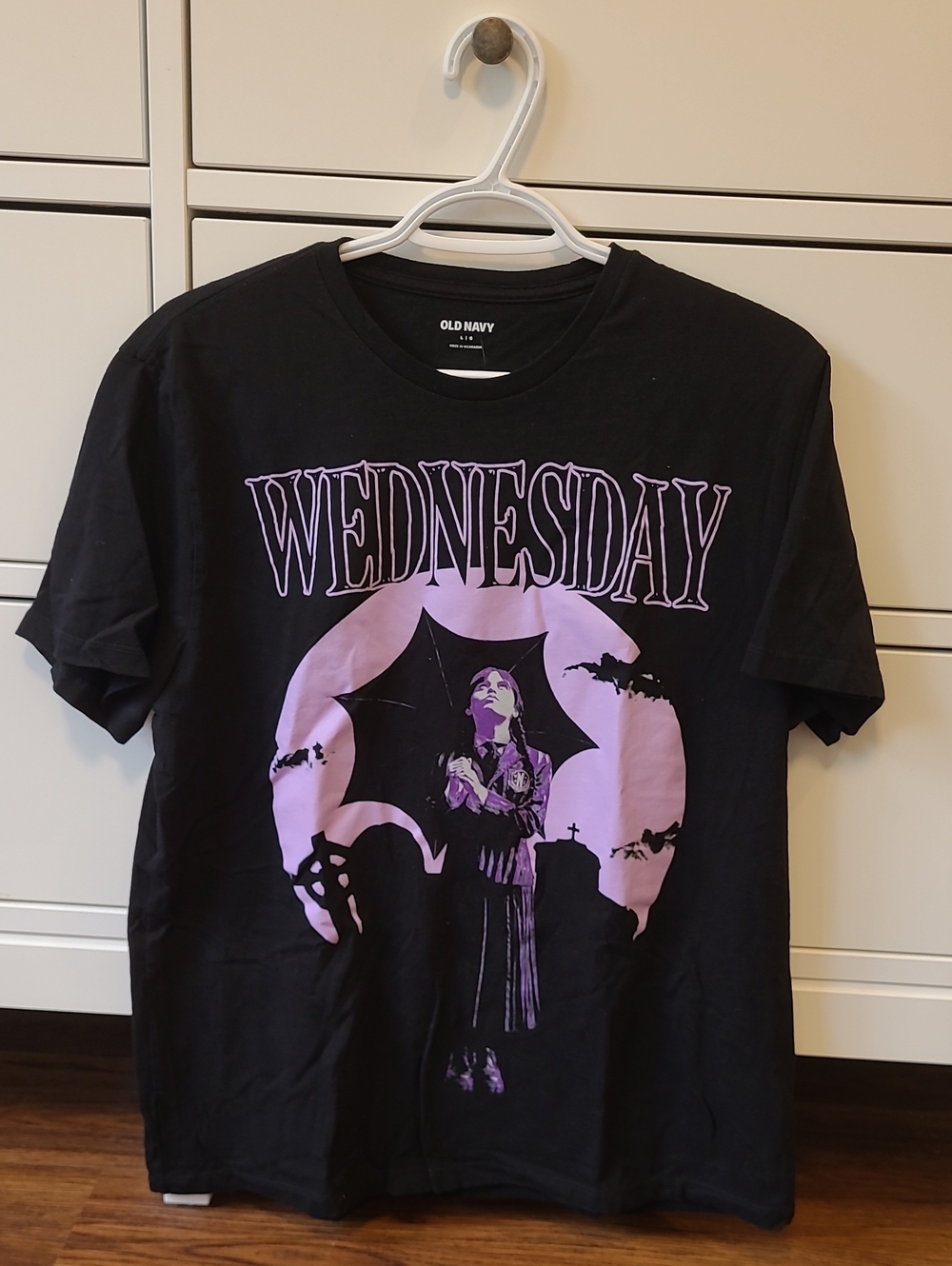 Old Navy Black Tee with Lavender "Wednesday" Graphic
